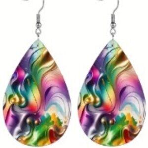 PU Leather Rainbow Teardrop Earrings Flow Pattern Trendy Fashion Lightweight